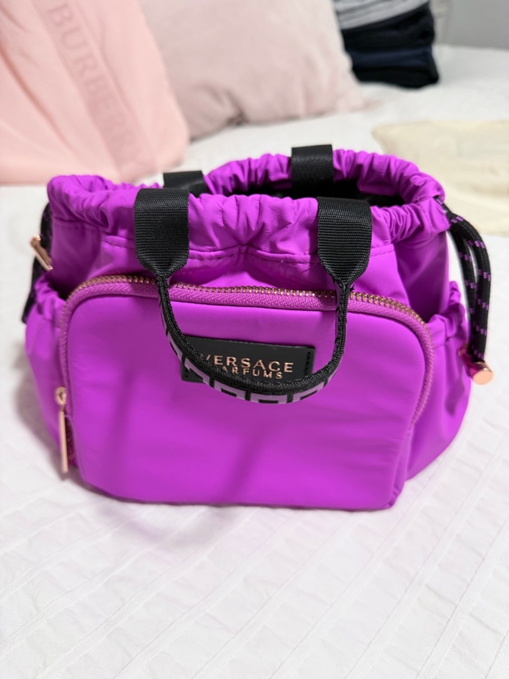 Versace Purple Drawstring Tote Bag with Front Zip Pocket